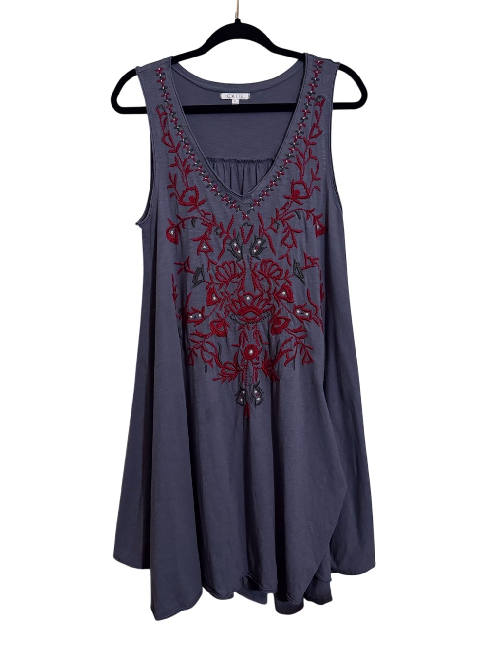 Caite Size Small Gray Floral Embroidered Tank Dress Boho Western Cotton Stretch